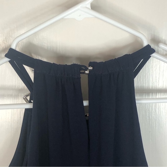 WHBM navy blue blouson sleeveless halter blouse silver metal detail neck size S - Picture 5 of 10